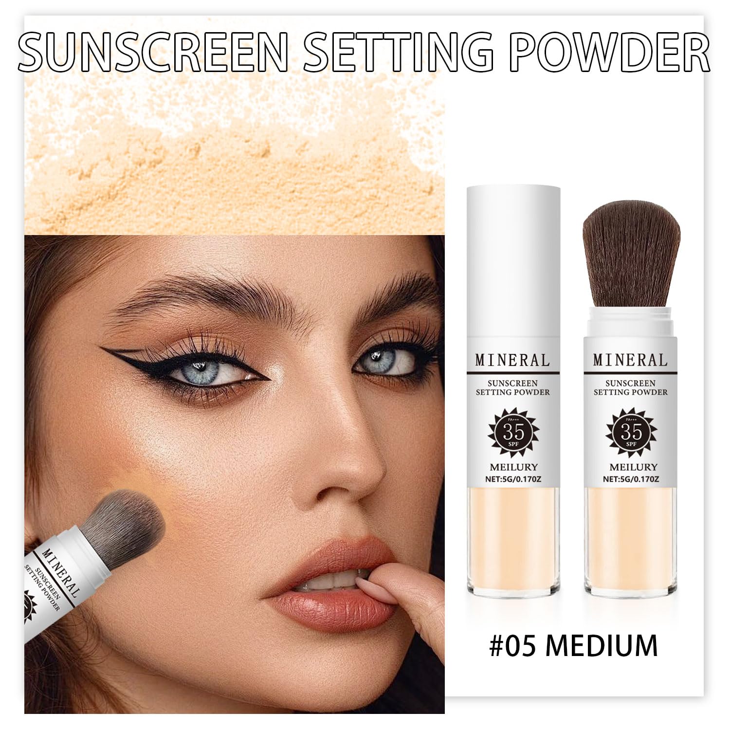 Sunscreen Setting Powder SPF 35, Mineral Brush Powder for Face & Scalp, Oil Control Natural Matte Finish Loose Powder Translucent Lasting Lightweight Breathable for All Skin (#05 Medium)-Velvo Beauty