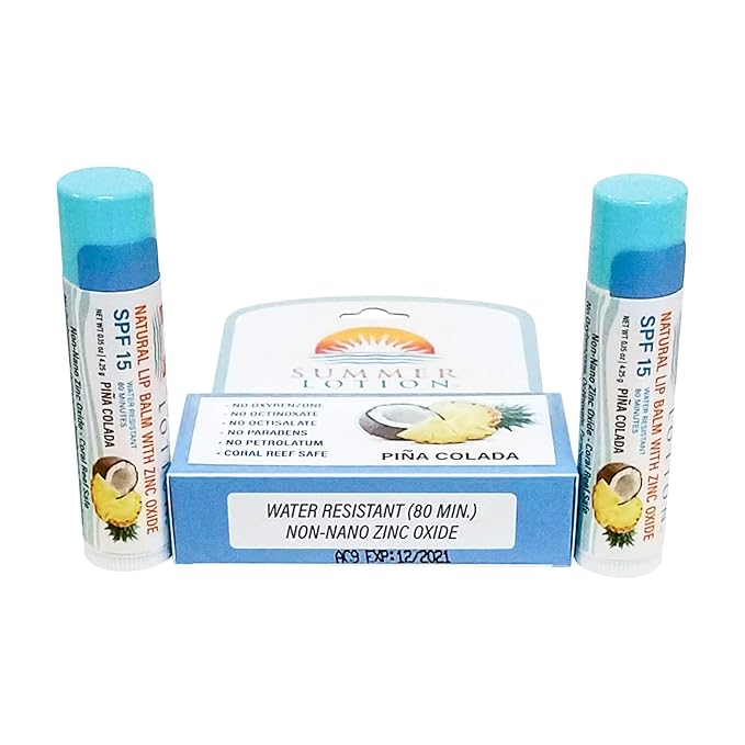 Natural Lip Balm with Zinc Oxide Sunblock by Summer Lotion, SPF 15 Lip Sunscreen 2-Pack, Water Resistant Chapstick, SPF Lip Protection for Everyone, (Pina Colada)-Velvo Beauty