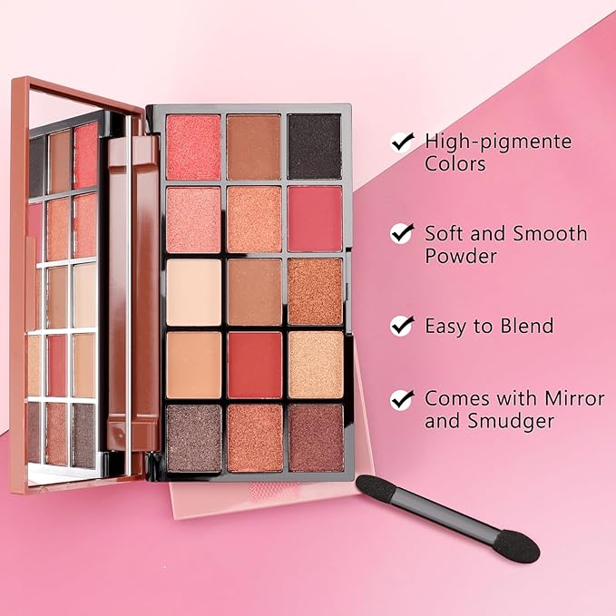 Boobeen 15 Colors Eyeshadow Palette, Highly Pigmented Matte and Shimmer Eye Shadow (with smudger), Soft Powder Eye Makeup Palette for Women and Girls, Create Flawless Glam Eye Looks-Velvo Beauty