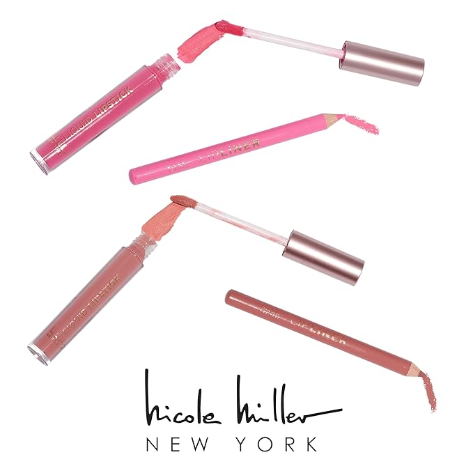 Nicole Miller Rosy Nudes Lip Collection | 6 Piece Set | 3 Luxurious Lip Liners & 3 Liquid Lip Sticks in Light Rose, Rosy Mauve, and Deep Peach-Velvo Beauty