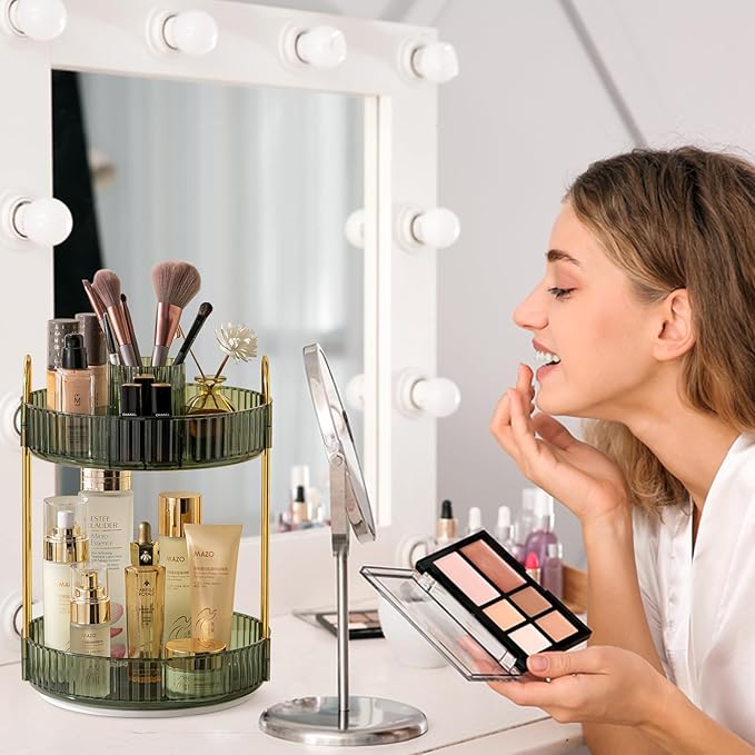 Rotating Makeup Organizer for Vanity, High-Capacity Skincare Clear Make Up Storage Perfume Organizers Cosmetic Dresser Organizer Countertop 360 Spinning (Green, New-2 Tier)-Velvo Beauty