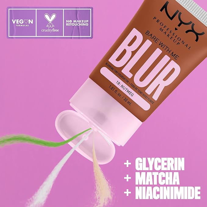 NYX PROFESSIONAL MAKEUP Bare With Me Blur Skin Tint Foundation Make Up with Matcha, Glycerin & Niacinamide - Nutmeg-Velvo Beauty