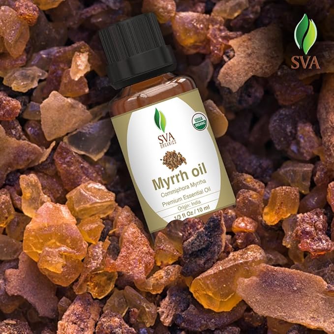 SVA Myrrh Essential Oil Organic – 1/3 Fl Oz – 100% Natural Organic Myrrh Oil - for Diffuser, Hair Care, Face, Skin Care, Aromatherapy, Scalp and Body Massage, Soap and Candle Making-Velvo Beauty