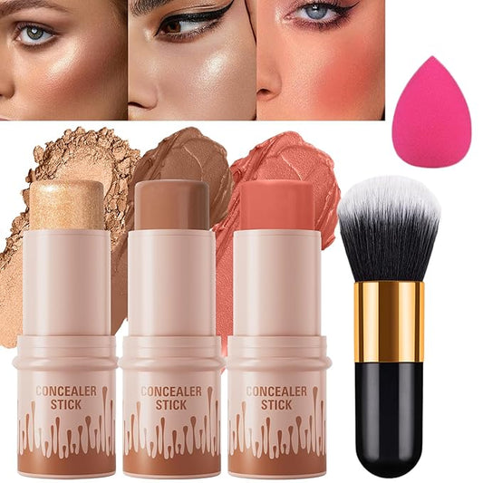 3Pcs Cream Contour Stick, with Highlighter Stick Milk Bronzer Stick Blush Stick, Face Contour Stick Highlighter Makeup with Makeup Brush and Sponge, Easy to Sculpt the Face, Long Lasting-Velvo Beauty