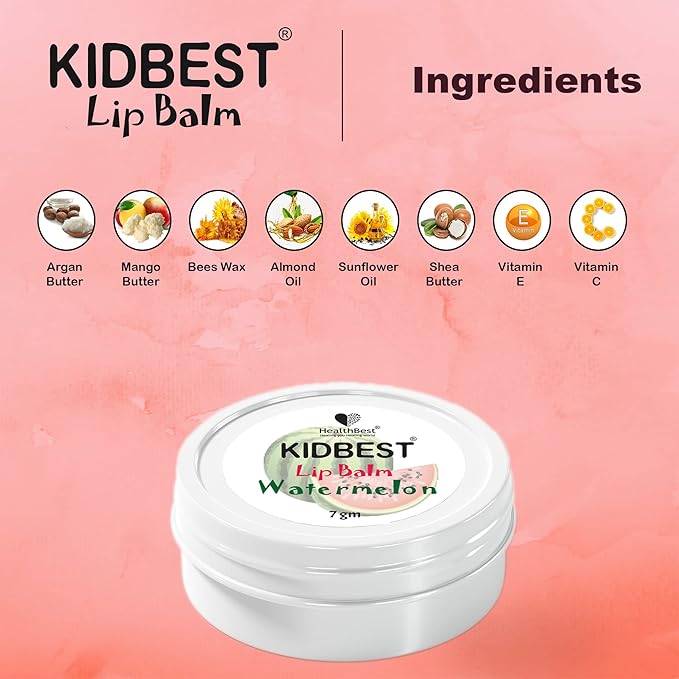 Kidbest Lip Balm for Kids, Extra Nourishing, Soothing Lips, Tear, Paraben, SLS free, Watermelon Flavor, 7gm, Peach-Velvo Beauty