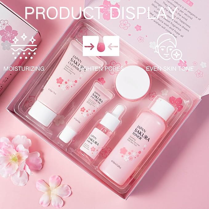 Sakura Skin Care Set, Women Gift Sets, Skin Care Kit with Cleanser, Toner, Serum, Eye Cream, Face Cream, Skin Care Routine Kit for Women, Even Skin Tone, Tighten & Firm Skin-Velvo Beauty