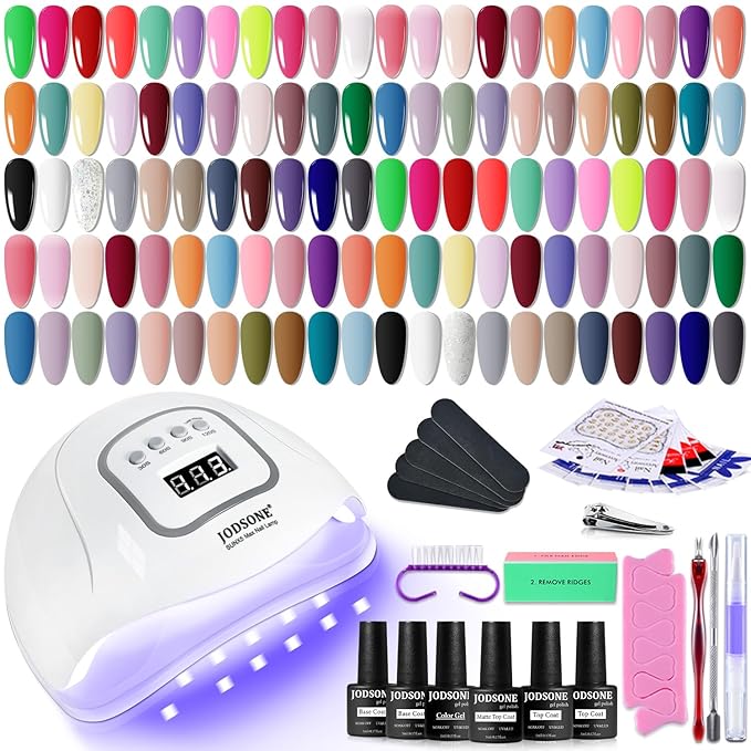 JODSONE 60 Bottles of Gel Nail Polish Kit with U V Light 55 Kinds of Gorgeous and Charming Gel Polish Kit 5 Pieces Soak off Glossy Matte Top Coat Base Coat-Velvo Beauty