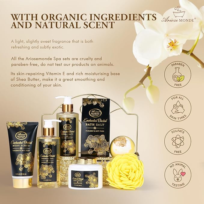 Spa Gift Baskets for Women, Gift Set for Mom Enchanted Orchid Scent, Home Spa Kit with Bubble Bath, Body Lotion, Bath Bomb, Bath Salt, Bath Gift Baskets, Birthday Gifts for Women-Velvo Beauty