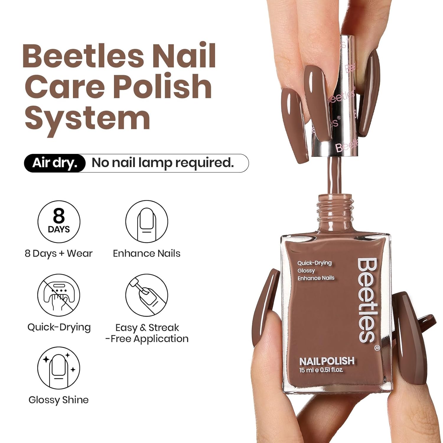 Beetles Mocha Mousse Nail Polish –No UV Needed, Air Dry –Warm Taupe Glossy Lacquer,Fast Drying, Long Lasting, Elegant Neutral Color At-Home DIY & Salon-Velvo Beauty