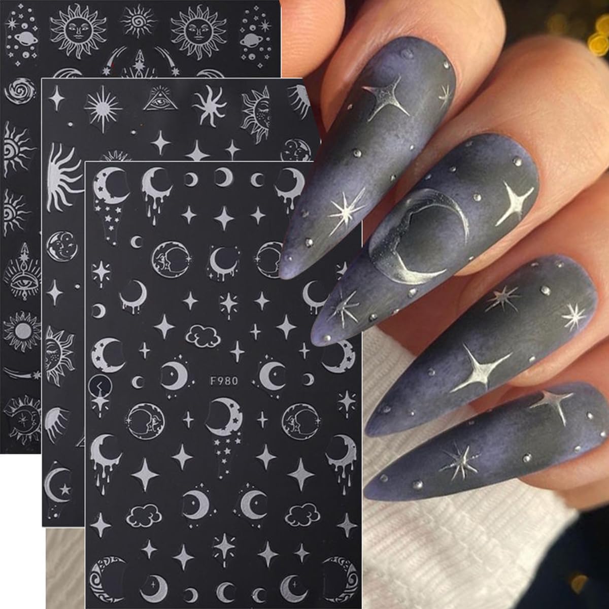 8 Sheets Metallic Nail Art Stickers Decals Silver Moon Star Sun Nail Stickers Eye Snake Nail Decals 3D Self-Adhesive Luxury Nail Art Design Stickers for Women Girls DIY Manicure Decoration Accessories-Velvo Beauty