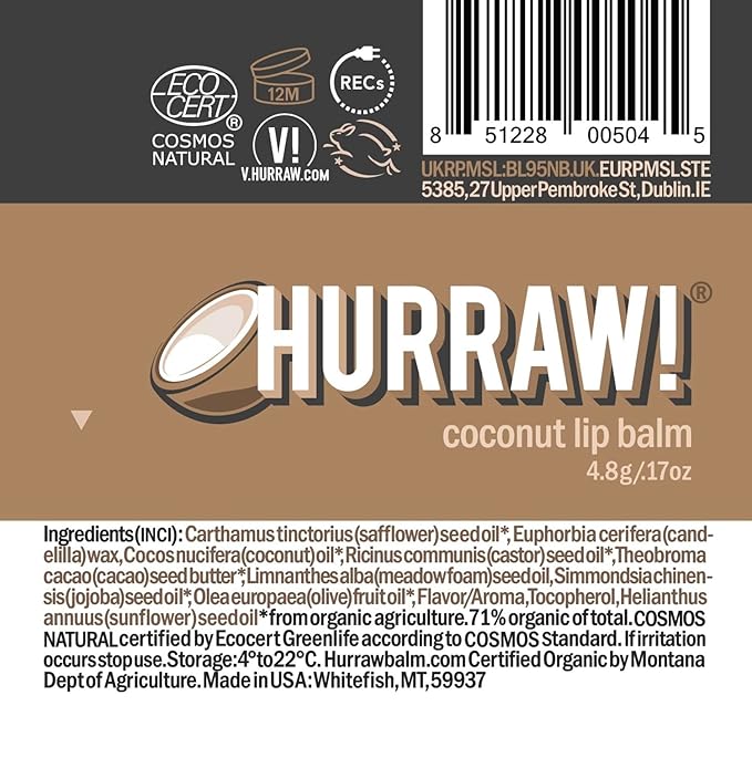 Hurraw! Coconut Lip Balm: Organic, Certified Vegan, Cruelty and Gluten Free. Non-GMO, 100% Natural Ingredients. Bee, Shea, Soy and Palm Free. Made in USA-Velvo Beauty