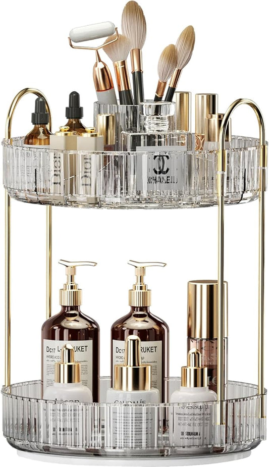 360° Rotating Makeup Organizer, Large-Capacity Skincare Make Up Storage 2 Tier Perfume Organizers Cosmetic Dresser Organizer with Makeup Brush Holder, Fits Bedroom, Bathroom, Vanity Shelf Countertop-Velvo Beauty