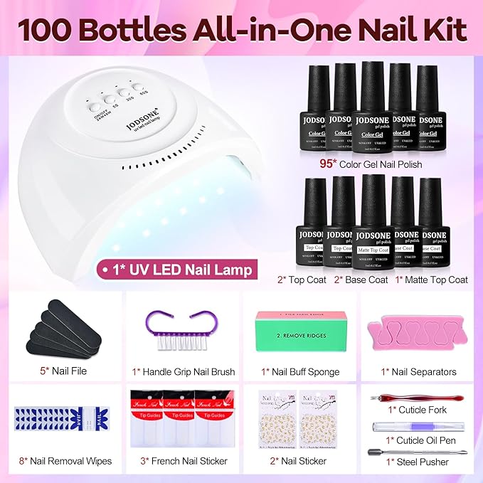 JODSONE 100 PCS Gel Nail Polish Starter Kit with U V Light 95 Colors Macarons Combined with Dark Colors Nail Gel No Wipe Base Coat Top Matte Coat Long Lasting Shine-Velvo Beauty