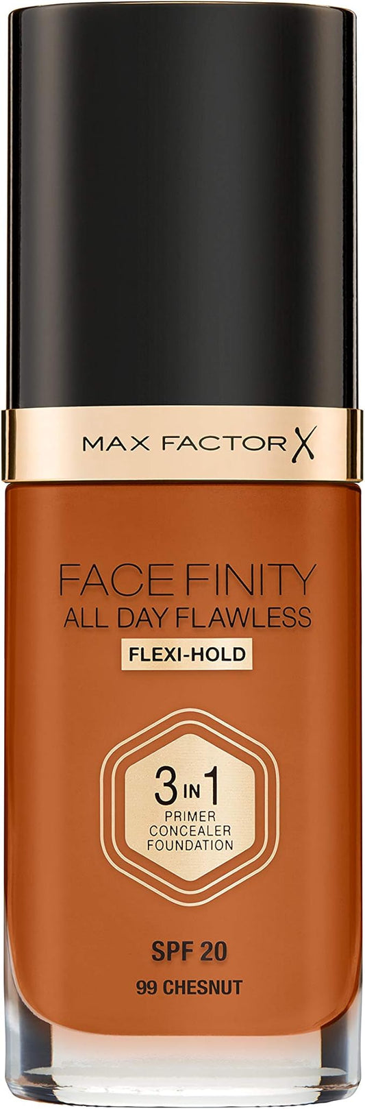 Max Factor Facefinity 3-in-1 All Day Flawless Liquid Foundation, SPF 20-99 Chestnut, 30 ml-Velvo Beauty