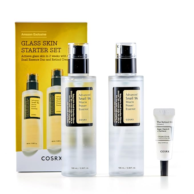 COSRX Glass Skin Korean Skincare Set- Advanced 96% Snail Mucin Serum (3.38fl oz * 2pcs) & Mini Sized 0.1% Retinol Cream for Face (0.1oz)- Korean Skin Care Gift Set, Anti Aging Set-Velvo Beauty