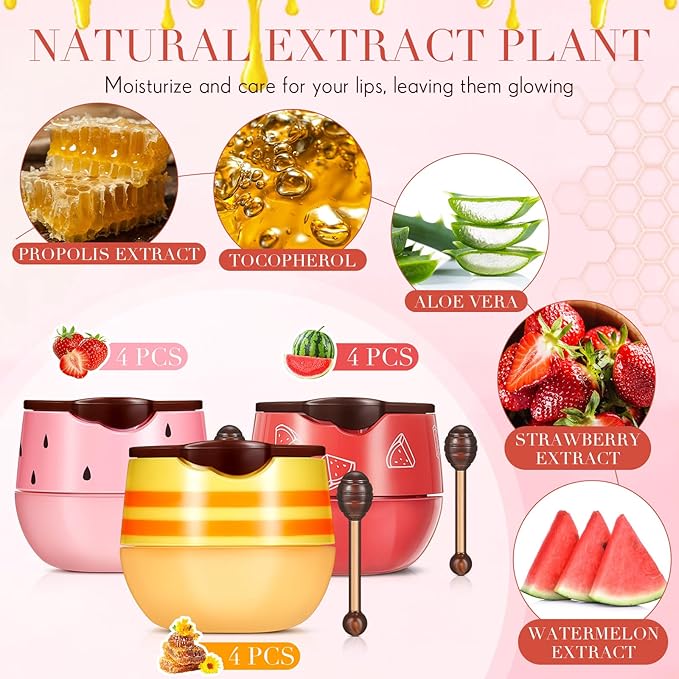 12 Pcs Bee Lip Balm Honey Pot with Brush Propolis Lip Mask Overnight, Moisturizing Hydrating Lip Sleeping Mask Prevention Dry and Cracked(Honey+Strawberry+Watermelon)-Velvo Beauty