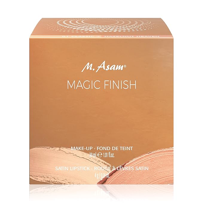 M. Asam MAGIC FINISH Duo Set – Make-Up Mousse (1.01 Fl Oz) & Lipstick Hazelnut Heaven (0.14 Oz), 4in1 Primer, Foundation, Concealer and Powder & Satin Lipstick in creamy-nutty Nude Shade-Velvo Beauty