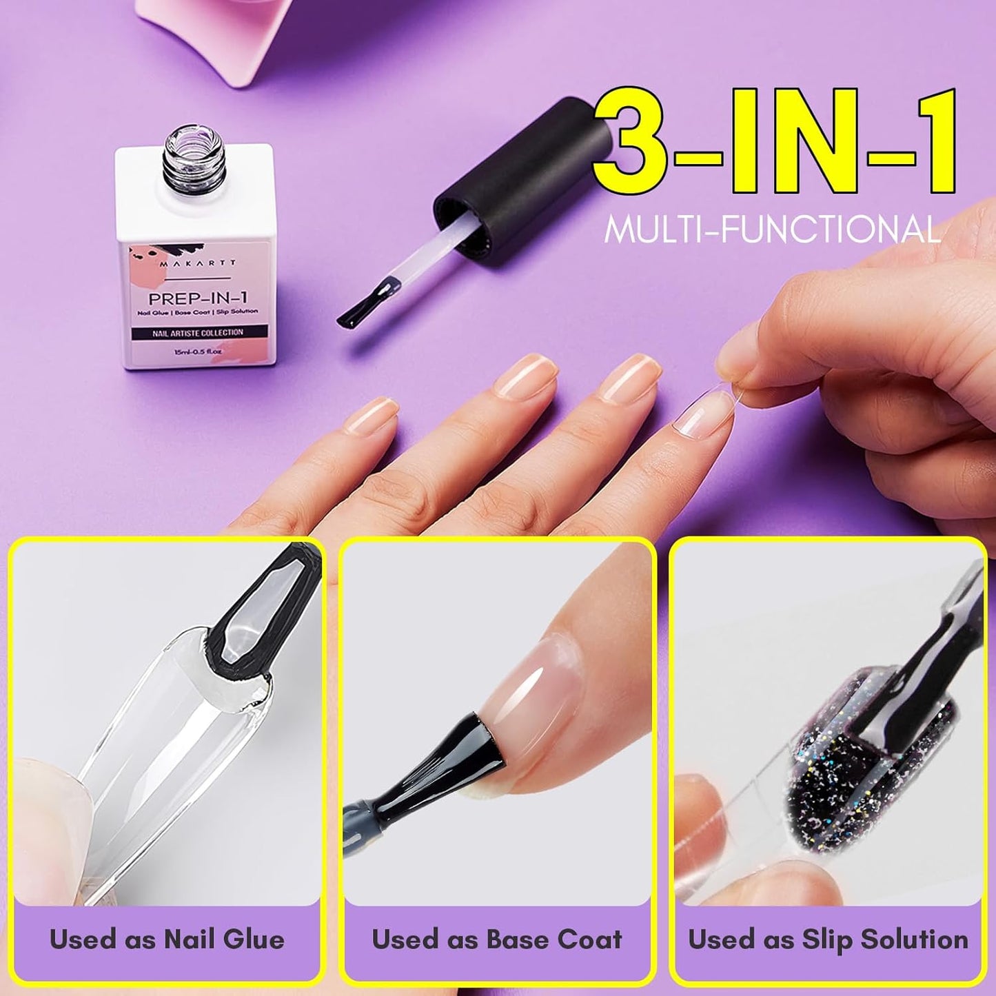 Makartt Gel Nail Glue: 3 in 1 Nail Glue for Acrylic Nails Extension Super Strong Adhesive Bond Long Lasting Brush on Glues for Tips, Base Coat & Slip Solution, & Stick Rhinestone, Curing Needed, 15ml-Velvo Beauty