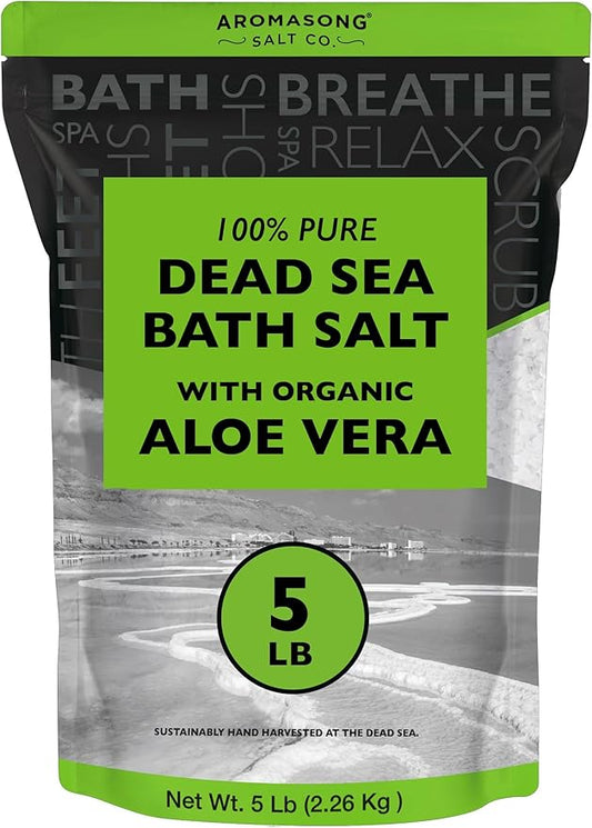 Aromasong Dead Sea Salt with Organic Aloe Vera, Spa Bath Salts, 5 Lbs Fine Bulk resealable Pack, 100% Pure & Natural, Soak for Women & Men for Tired Muscles & Skin Issues (Packaging May Vary)-Velvo Beauty