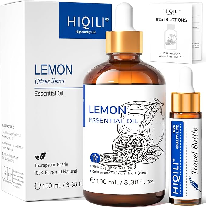 HIQILI Lemon Essential Oil, Household Cleaning, Air Purification, Skin Care, Can be Added to Cleansers, Sprays, Body Lotions Use - 3.38 Fl Oz/100ML-Velvo Beauty