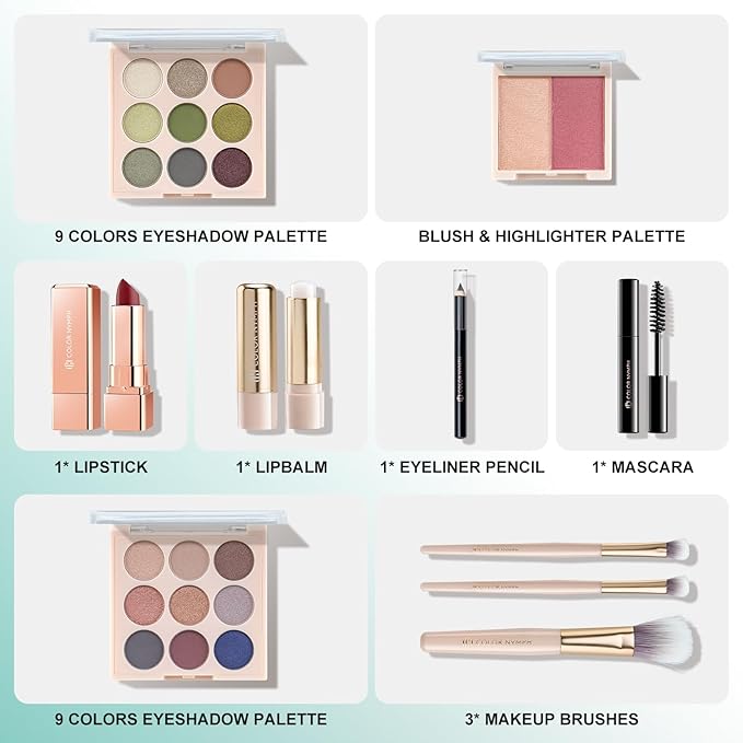 Color Nymph All In One Makeup Kit, Makeup Gift Set for Beginners Teenager Girls with Eyeshadow Palette Blush Lipstick Lip Pencil Eye Pencil Brush Mascara Portable Bag-Velvo Beauty