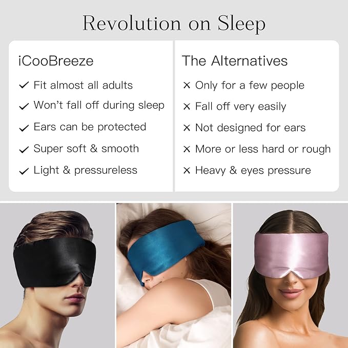 100% Natural Silk Eye Mask for Women Men, Soft Pressureless Cooling Blackout Eye Covers for Sleeping, Large Size Sleep Mask fits All Heads Adjustable, 1PC, Navy Blue-Velvo Beauty