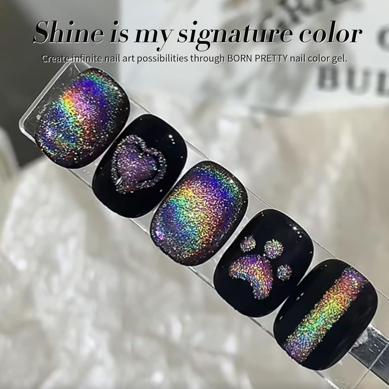 Born Pretty Cat Magnetic Eye Gel Nail Polish Holographic Rainbow Cat Magnetic Gel, Black Glitter Magnetic Soak Off U v Nail Gel Diy Art for Girls Women 15ML-Velvo Beauty