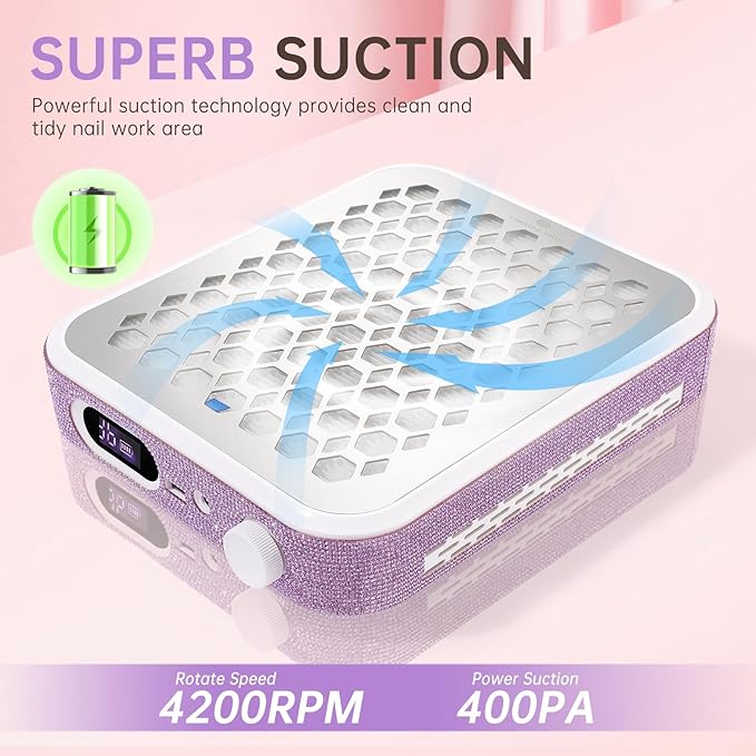 Nail Dust Collector, Rechargeable Dust Collector Nail Tech, Powerful Vacuum Fan Vent Dust Collector Extractor Dust Suction Machine for Acrylic Nails Polishing, Nail Salon&Home,Purple-Velvo Beauty