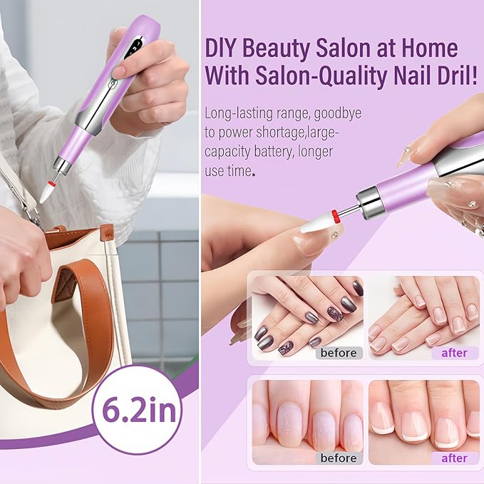 Electric Nail Drill File Cordless,Portable Rechargeable Nail File Kit for Acrylic & Gel Nails,Professional Efile for Manicure Pedicure Polishing,with 12 Nail Drill Bits 31 Sanding Bands,Purple-Velvo Beauty