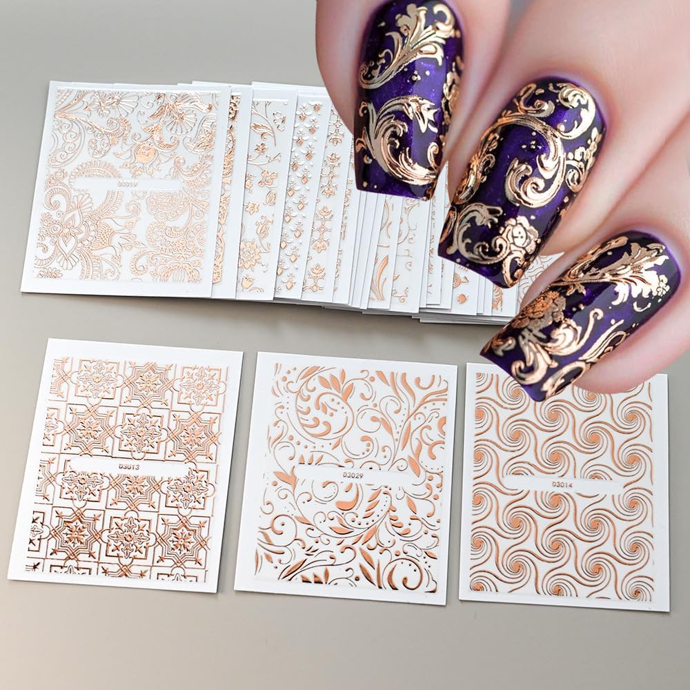 30 Sheets Rose Gold Lace Line Nail Stickers 3D Self Adhesive Nail Art Charms Sticker Decals for Crafts Supplies Accessories (ST-RG)-Velvo Beauty