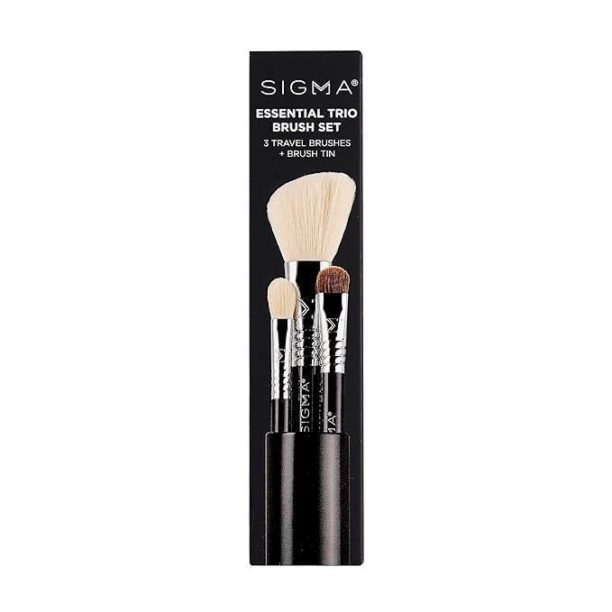 Sigma Beauty Travel Essential Trio - Makeup Brush Set for Foundation Powder Eyeshadow - 3 Tool Brushes with Brush Tin Holder - Skin Safe, Vegan Makeup Brushes for Travel - Black-Velvo Beauty