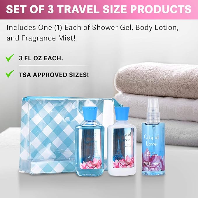 Bath & Body Care Travel Set - Home Spa Set with Body Lotion, Shower Gel and Fragrance Mist, Valentines Day Gifts for Her and Him(City of Love)-Velvo Beauty