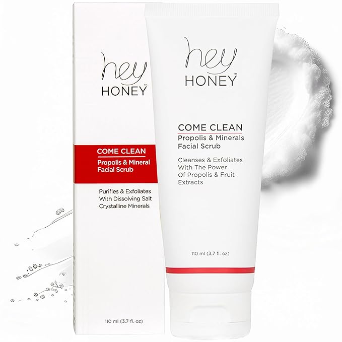 Hey Honey, Come Clean Propolis & Mineral Facial Scrub. Rich, Exfoliating, Dead Sea Salt Scrub designed to be gentle enough for even the most sensitive skin. 110ml-Velvo Beauty