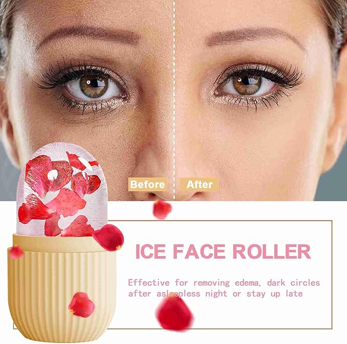 XHJRI Ice Face Roller Massager,Ice Cube Roller for Face, Eyes and Neck Naturally Conditioning and Skin Care,De-Puff Eye Bags,Reduce Migraine Pain,Reusable Massage Silicone Ice Mold (Beige)-Velvo Beauty