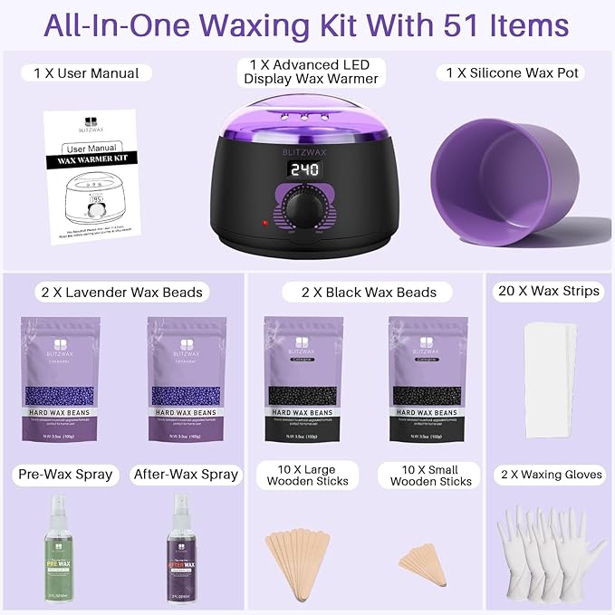 BLITZWAX Brazilian and Bikini Waxing Kit for Women, Hard Wax Warmer for Face, Legs and Body, At Home Hair Removal Kit, Beginner Friendly, Digital Fast Heating, 51 Wax Items-Velvo Beauty