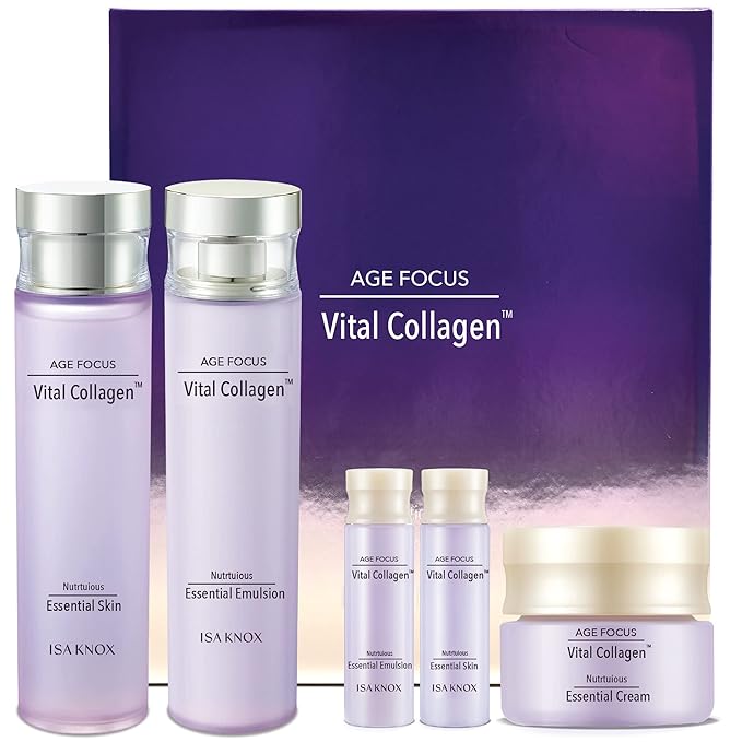 ISA KNOX AGE FOCUS VITAL COLLAGEN SKINCARE GIFT SET - Korean Luxury Premium High-end Skin Toner, Emulsion Lotion, Cream, Hydrolyzed Collagen, Vitamin B12, E, C, (370ml / 12.51 Fl Oz)-Velvo Beauty