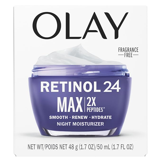 Olay Retinol Face Moisturizer, 24 MAX Anti-Aging Night Cream for Women, Fragrance-Free, Non Greasy - Anti-Wrinkle, Smooth Fine Lines, Tightening, Hydrating Skin Care - Peptides, Glycerin, 1.7 Oz-Velvo Beauty