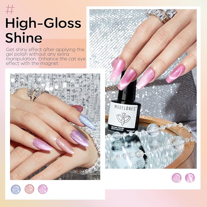 modelones Holographic Glitter Cat Eye Gel Nail Polish Kit 6 Colors with Magnet Romantic Rainbow Galaxy Series Pastel Gel Polish Soak Off Led Gel Nail Polish Set Nail Art Gel Manicure Salon DIY Gifts-Velvo Beauty