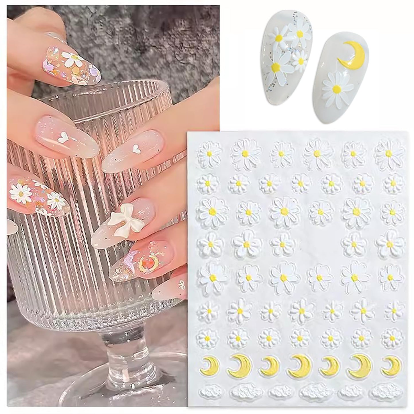 SILPECWEE 8 Sheets Flower Nail Art Stickers 3D Flower Daisy Nail Stickers Self-Adhesive Nail Design Stickers Spring Nail Decals for Nail Art Decoration Accessories-Velvo Beauty