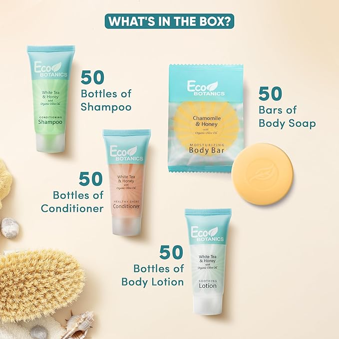 Eco Botanics Hotel Soaps and Toiletries Bulk Set | 1-Shoppe All-In-Kit Amenities for Hotels & Airbnb | 0.85 oz Hotel Shampoo, Conditioner & Lotion, 0.89 oz Bar Soap Travel Size | 200 Pieces-Velvo Beauty