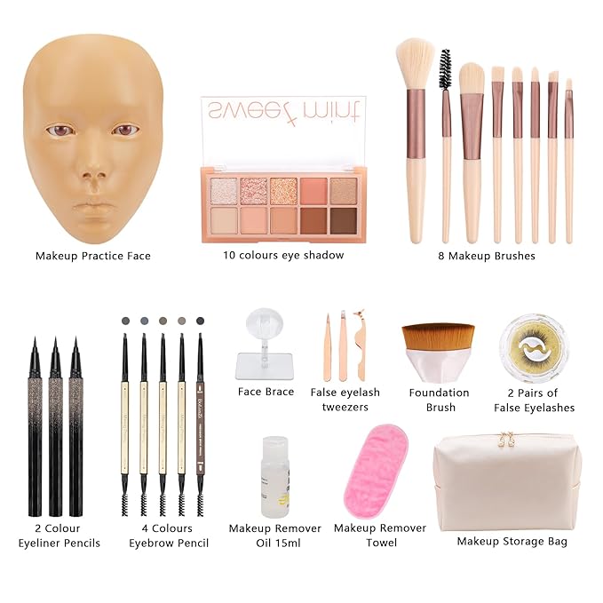 3D Makeup Practice Face Board,Reusable Silicone Makeup Practice Face/Makeup Mannequin Face,with Makeup Brushes Set&Dual head Eyebrow Pencils&a Pair of Eyelashes&a Makeup Bag&makeup remover towel-Velvo Beauty