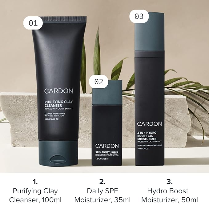 Cardon Cactus-Based Men's Skincare Set | Premium Korean Skincare for Sensitive Skin and Oily Skin | Water-based Face Moisturizer with SPF 30, Gentle Face Wash, Repairing Night Cream with Vitamin E-Velvo Beauty