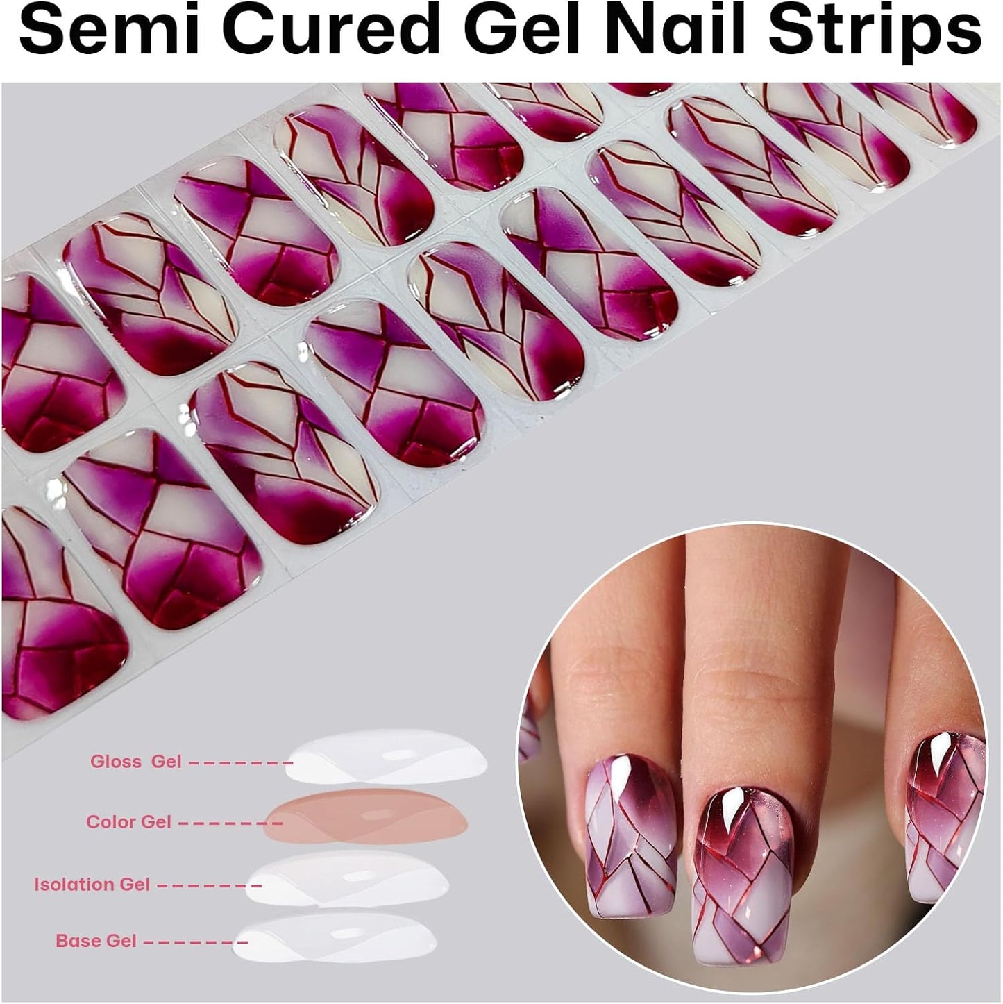 Semi Cured Gel Nail Strips with Red Broken Glass Pattern Designs Gel Nail Strips Glossy Stickers Salon Quality & Easy to Use for Women 20 Pcs-Velvo Beauty