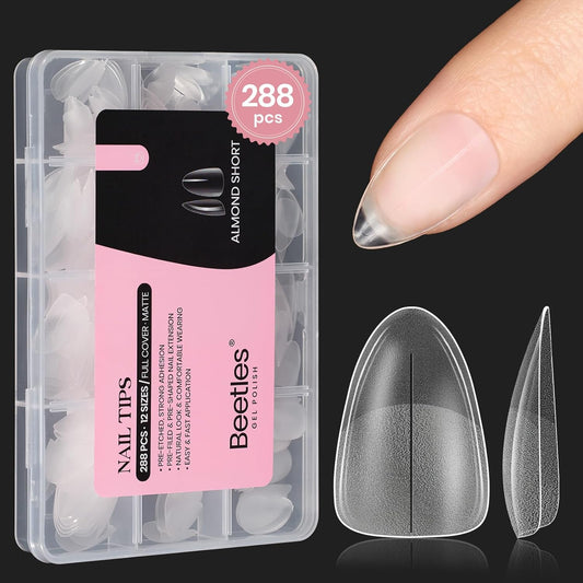 Beetles Short Almond Nail Tips - 288PCS 12 Sizes Full Matte Cover Pre-Etched & Pre-Shaped False Nails Soft Gel Nail Tips Acrylic Nail Tips Nail Extension Tips for Gel Polish DIY Manicure-Velvo Beauty
