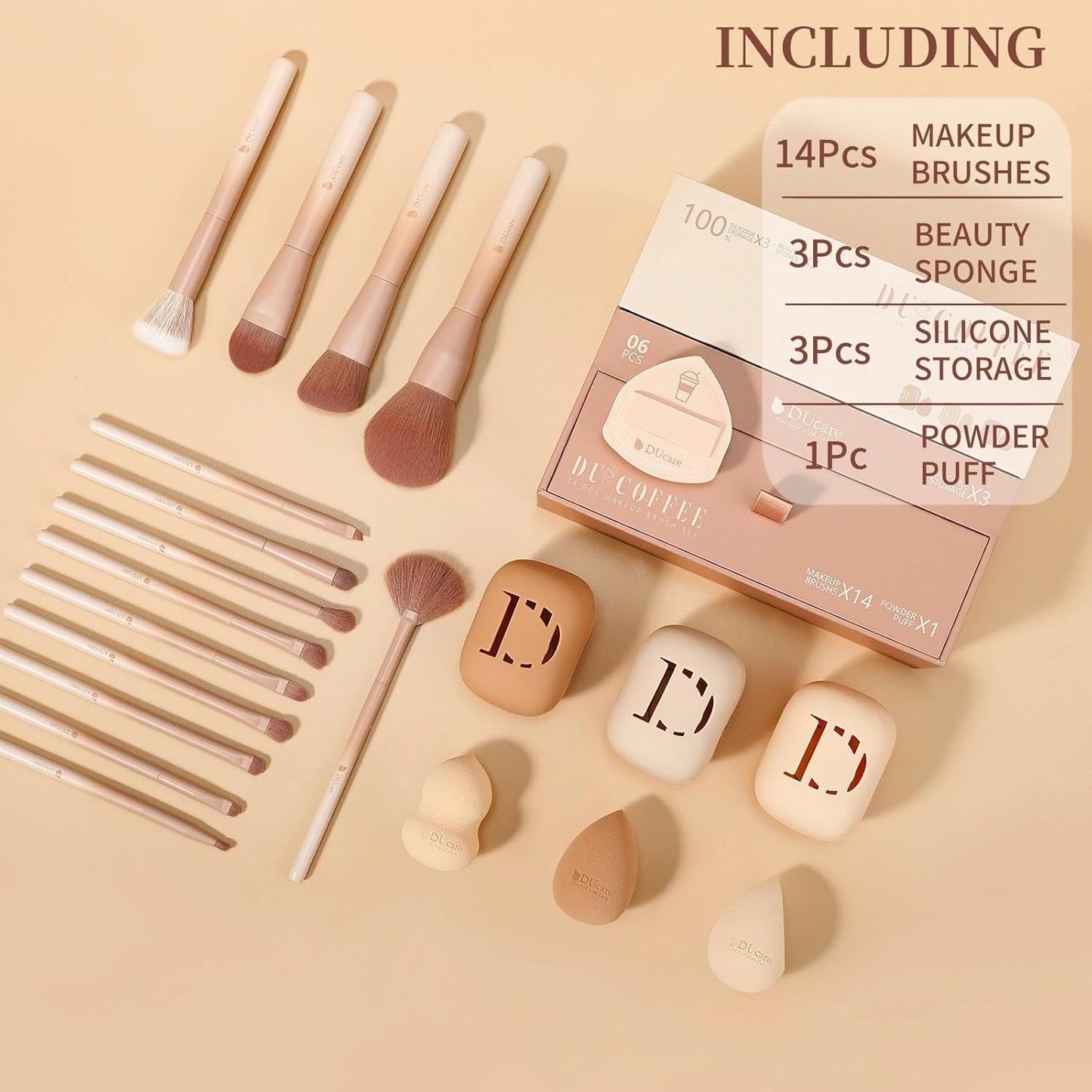 DUcare Makeup Brushes Set 14Pcs Coffee Series Makeup Brush set with Makeup Sponges Gifts Foundation Blending Face Powder Blush Eye Shadows Brushes-Velvo Beauty
