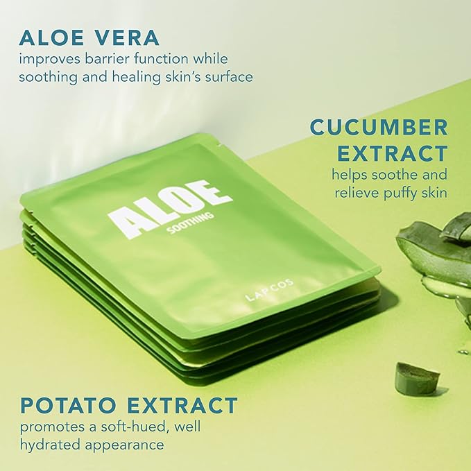 LAPCOS Aloe Sheet Mask, Daily Face Mask with Cucumber and Aloe Gel to Calm and Moisturize Skin, Korean Beauty Favorite, 5-Pack-Velvo Beauty