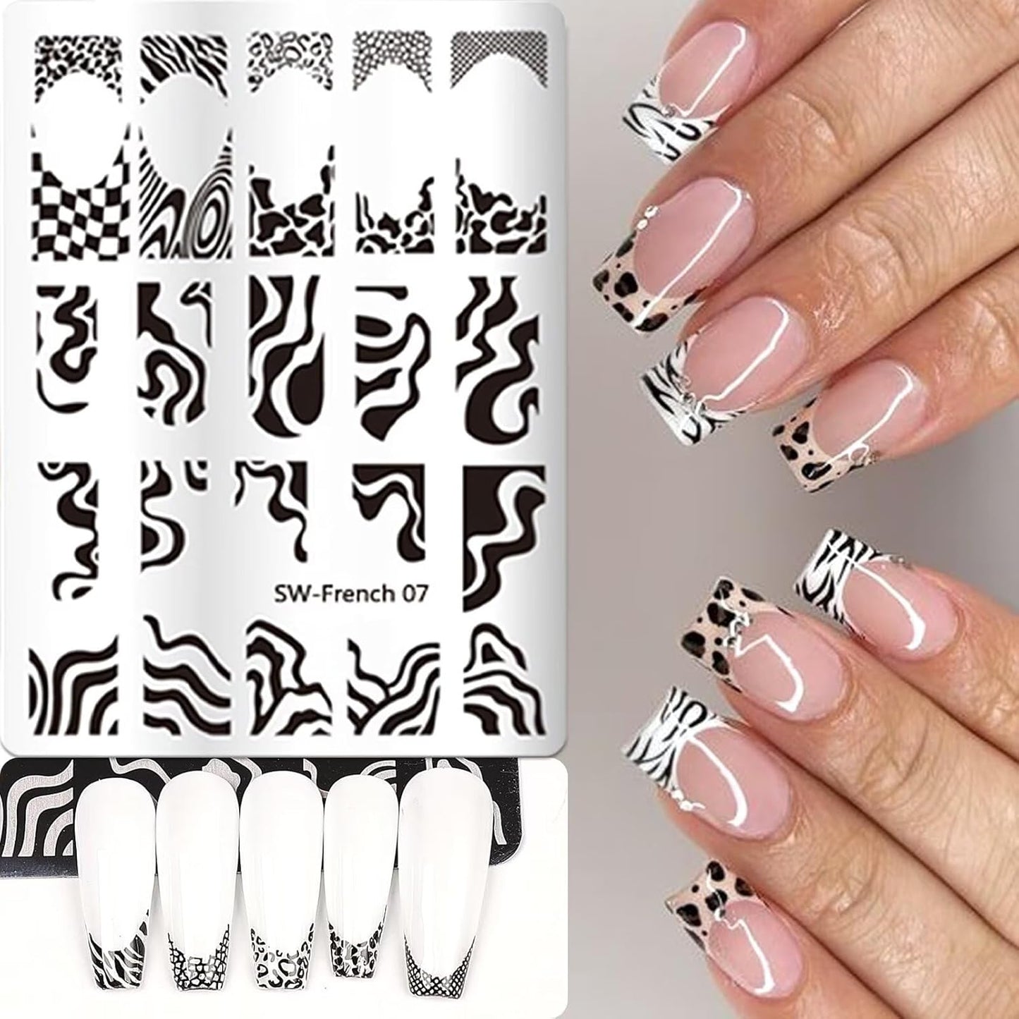 French Tip Nail Stamping Plate- 10 pcs Nail Stamper Kit Silicone Nail Stamper French Nail Stamp with Nail Art Stamps Storage Bag Nail Stamp Template Nail Supplies for Salon DIY-Velvo Beauty