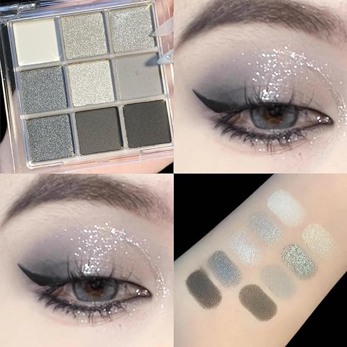 Erinde Black Smokey Gray Silver Eyeshadow Palette, 9 Colors Matte Shimmer Glitter Eye Shadow Makeup Pallet, Highly Pigmented Long Lasting Waterproof, Natural Neutral Shiny Eyeshadow Make Up Palette-Velvo Beauty