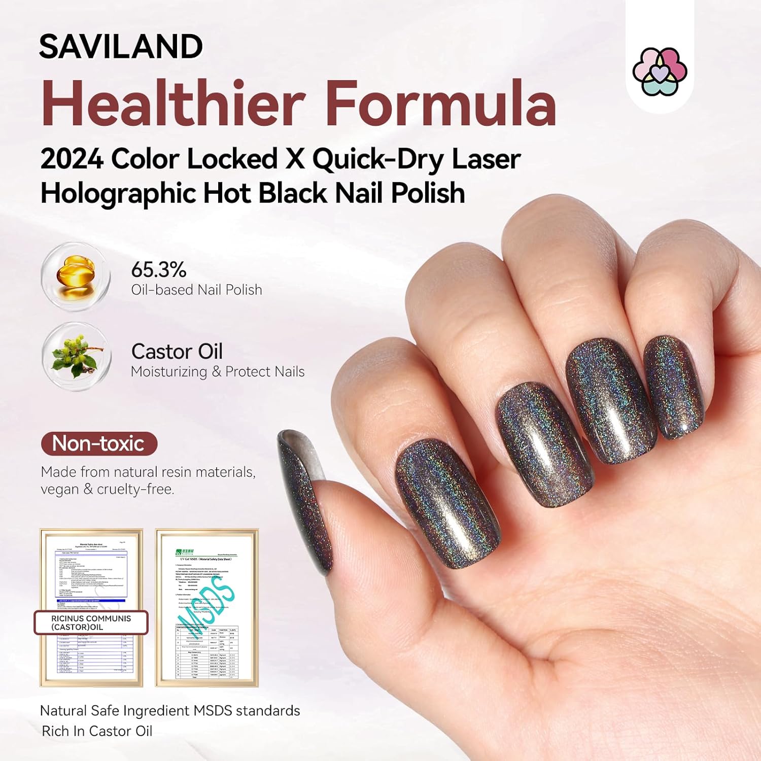 SAVILAND Holographic Black Nail Polish: Metallic Glitter Fingernail Polish Holographic Laser Plant-base Castor Oil Quick Dry Nail Polish Easy Use Remove Chrome Halo Nail Polish Beginner DIY Nail Tech-Velvo Beauty