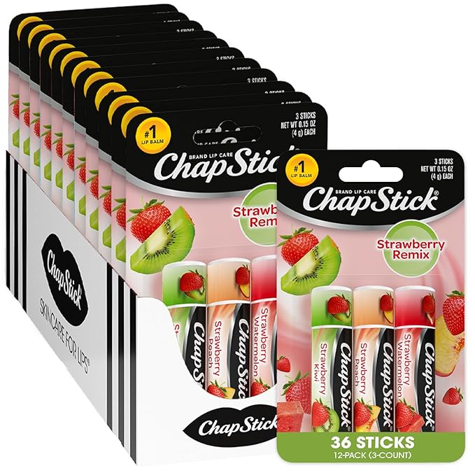 ChapStick Lip Moisturizer, Strawberry Remix 3-Packs (12 Sets/36 Tubes) – Bulk Lip Balm, Refreshing & Sweet, 0.15 Oz Ea-Velvo Beauty